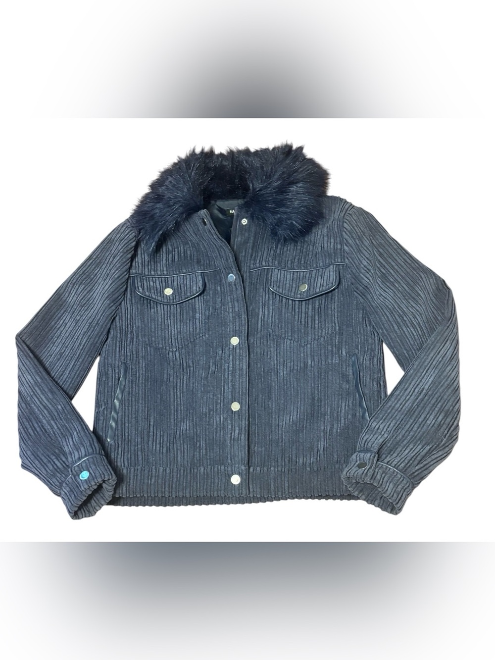Nasty Gal Navy Faux Fur Collar Corduroy Jacket Size 6 excellent condition